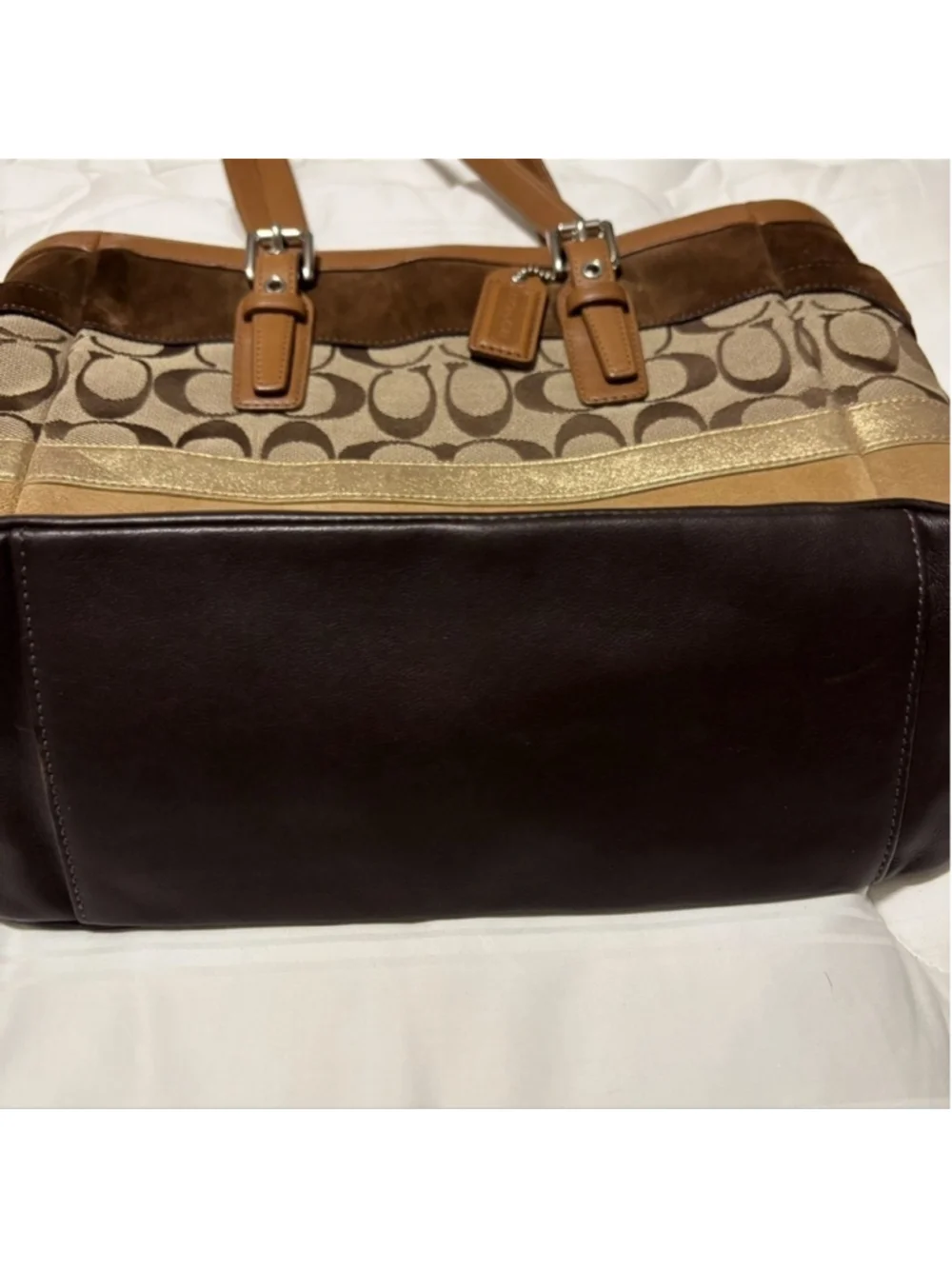 COACH HAMPTONS SIGNATURE PATCHWORK TOTE BAG NWOT BROWN BEIGE AND GOLD